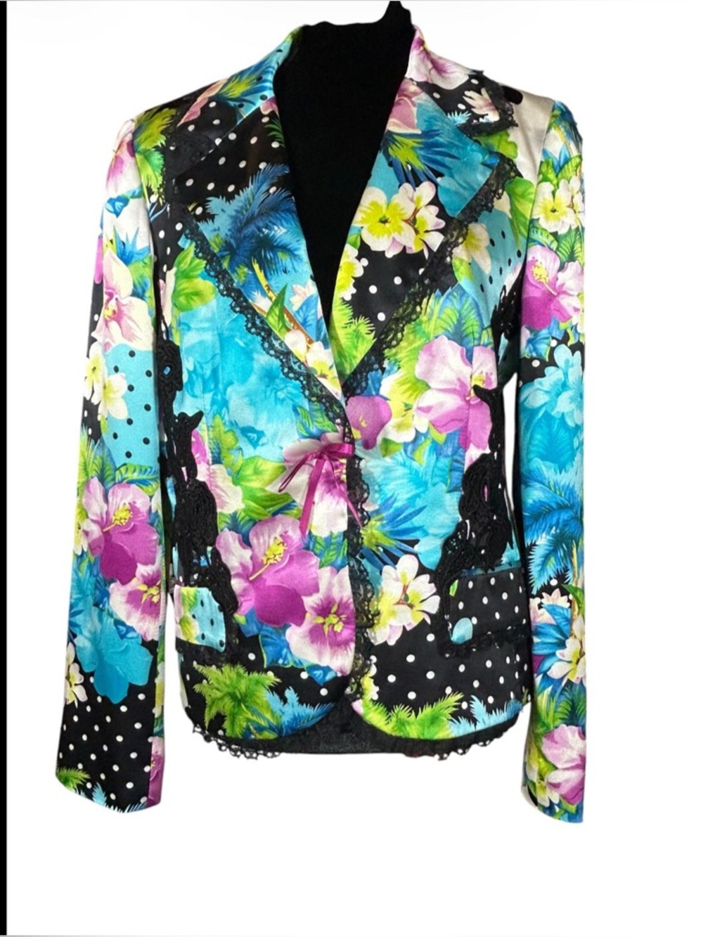 Alberto Makali Floral Polka Dot Lace Blazer Jacket Size 10 Tropical Art to Wear